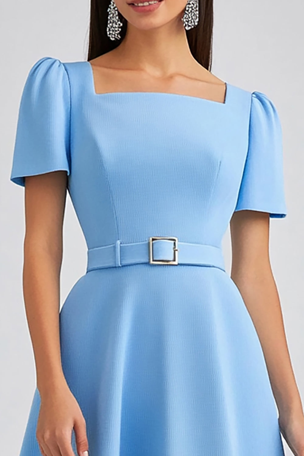 A Line Sky Blue Square Neck Midi Dress with Belt
