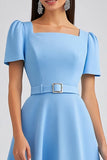 A Line Sky Blue Square Neck Midi Dress with Belt