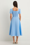 A Line Sky Blue Square Neck Midi Dress with Belt