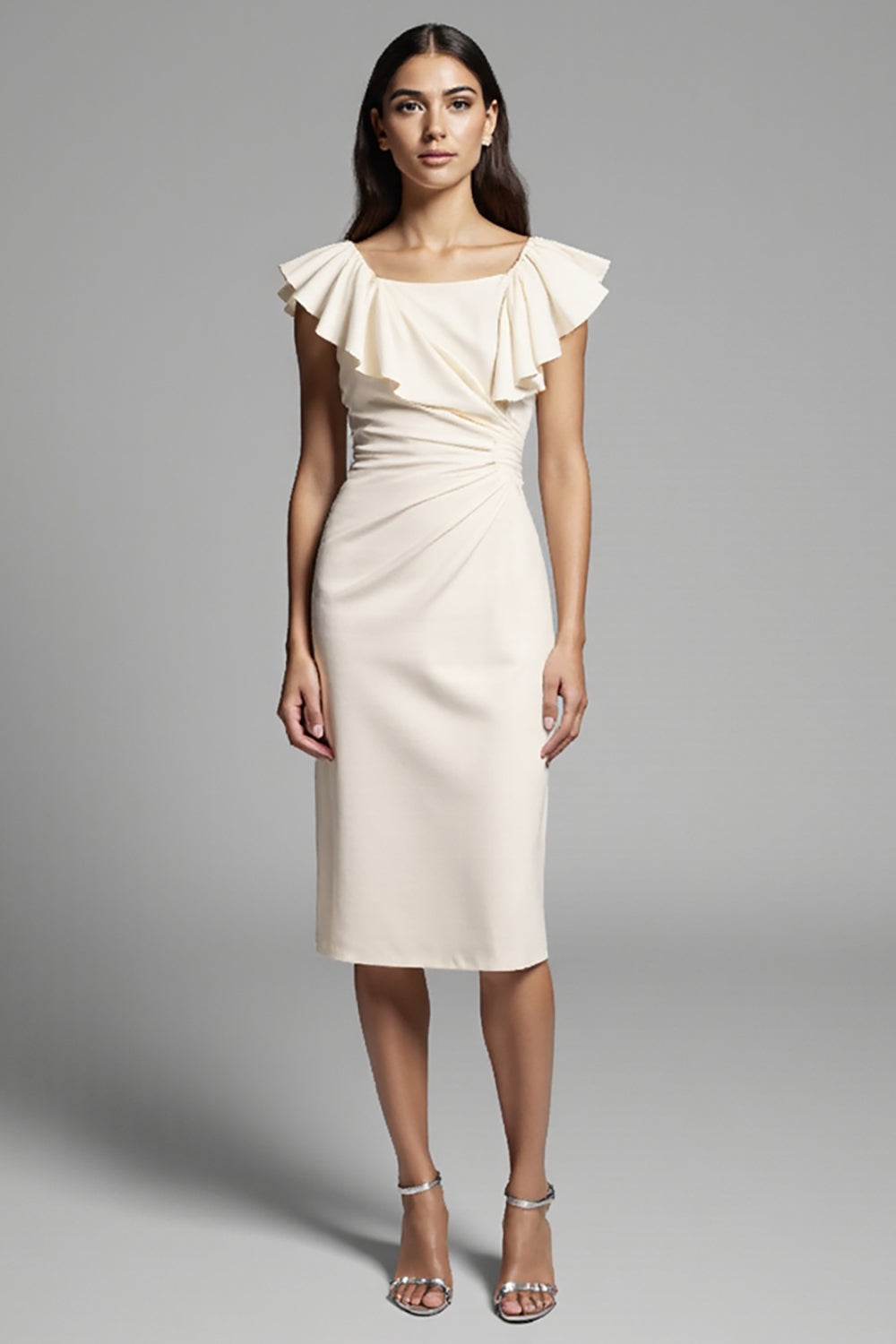 Ivory Ruffled Square Neck Sheath Midi Dress