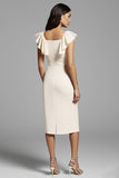 Ivory Ruffled Square Neck Sheath Midi Dress