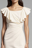 Ivory Ruffled Square Neck Sheath Midi Dress