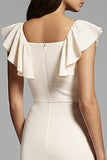 Ivory Ruffled Square Neck Sheath Midi Dress