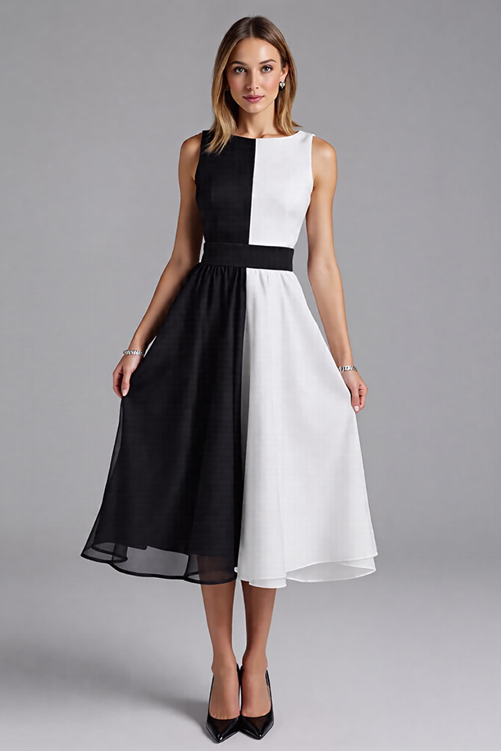 Ivory and Black A Line Midi Formal Dress