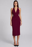 Halter Tight Burgundy Midi Formal Dress
