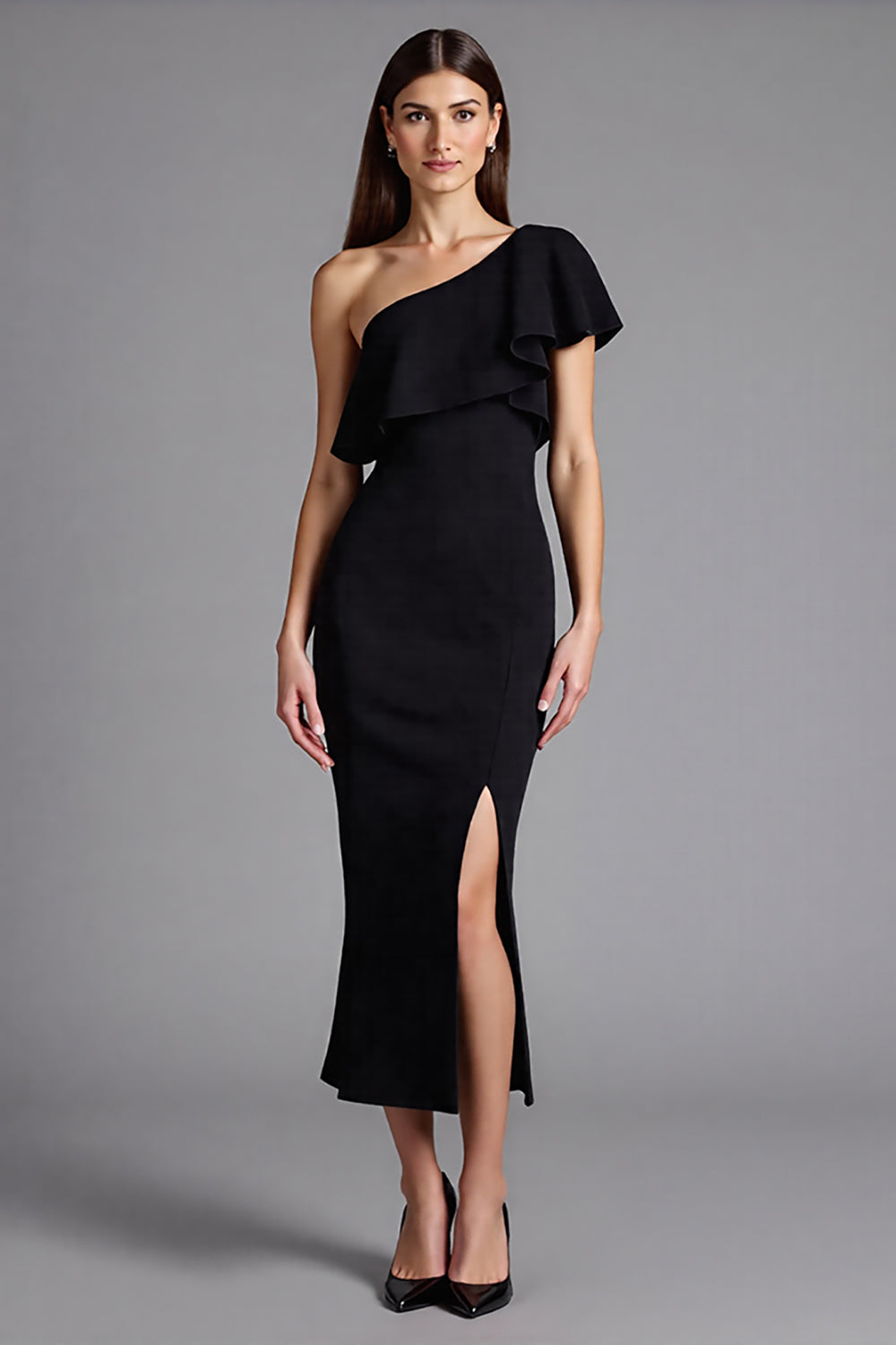 One Shoulder Black Ruffled Formal Dress with Slit