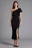 One Shoulder Black Ruffled Formal Dress with Slit