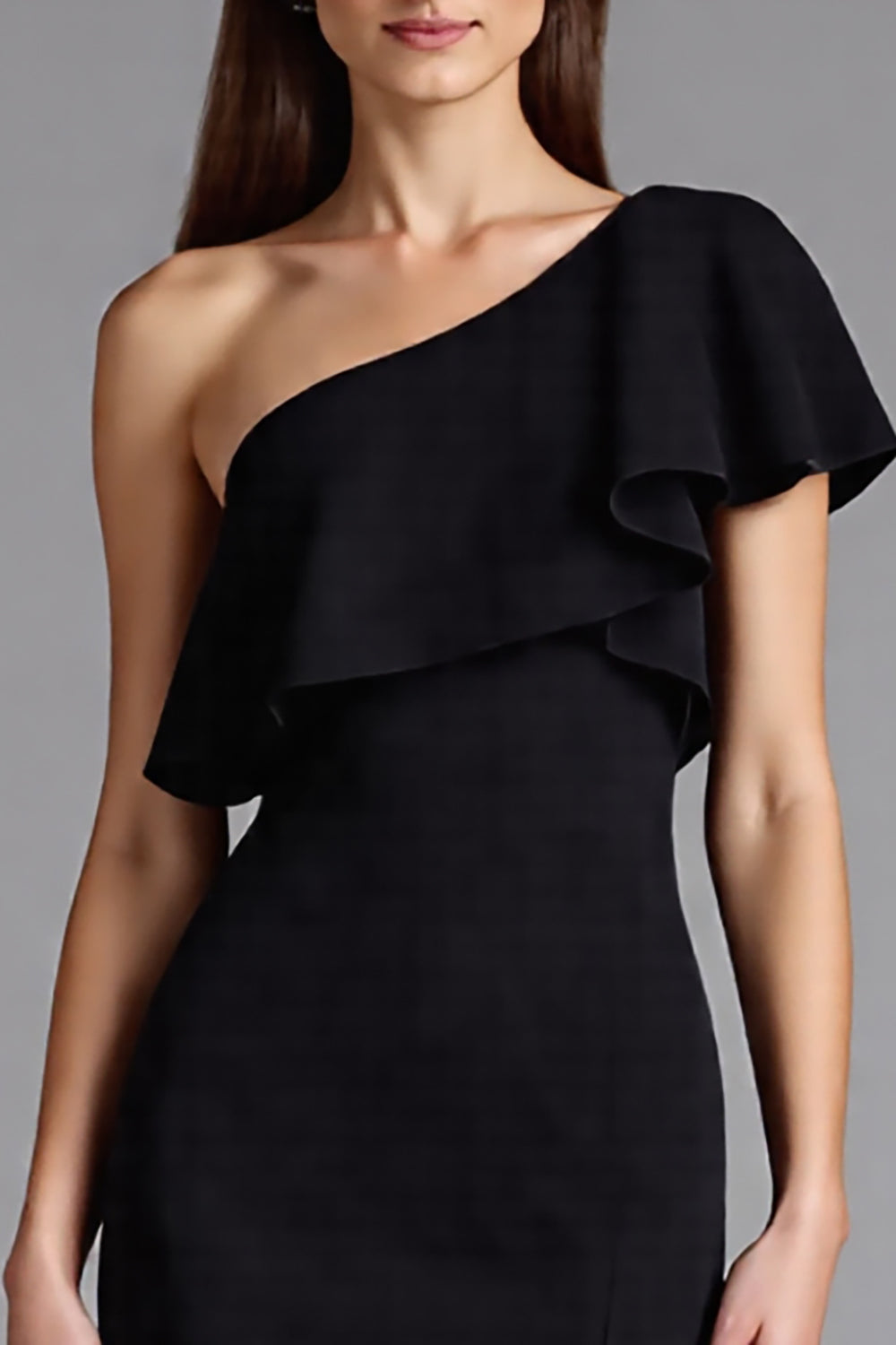 One Shoulder Black Ruffled Formal Dress with Slit