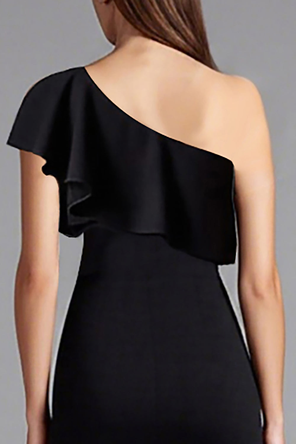 One Shoulder Black Ruffled Formal Dress with Slit