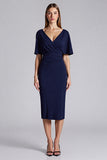 Navy V-Neck Tight Formal Dress with Short Sleeves