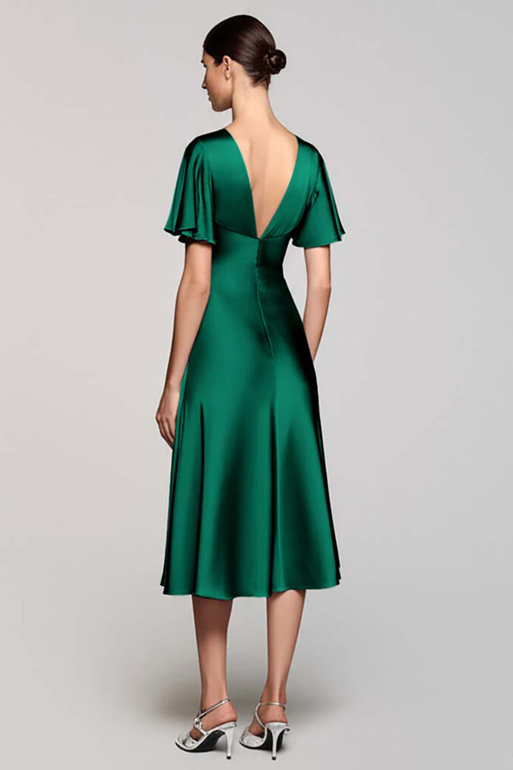 Grey A Line Satin Wedding Guest Dress with Flutter Sleeve