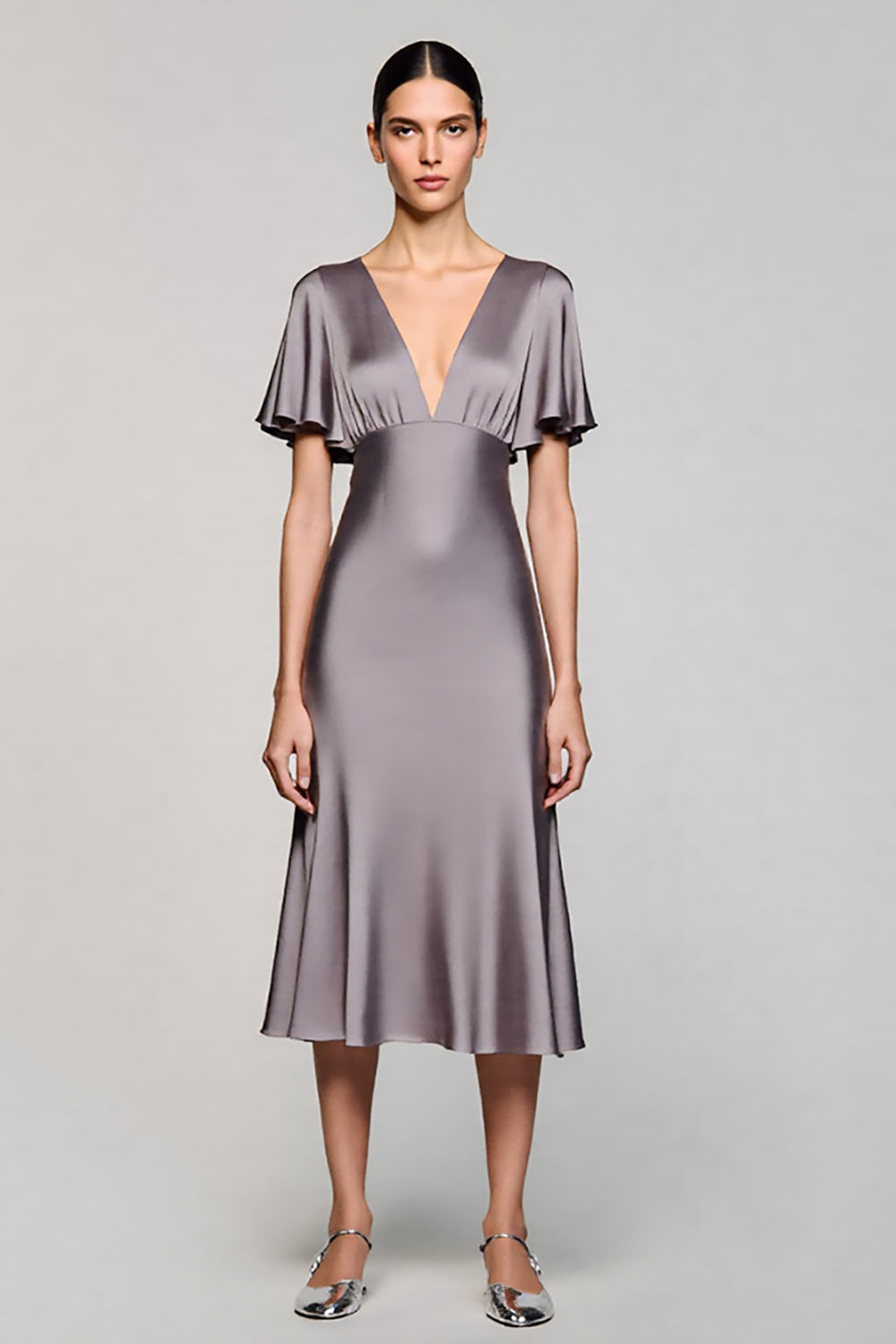 Grey A Line Satin Wedding Guest Dress with Flutter Sleeve