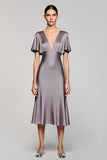 Grey A Line Satin Wedding Guest Dress with Flutter Sleeve