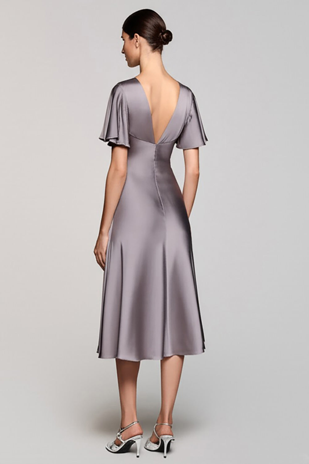 Grey A Line Satin Wedding Guest Dress with Flutter Sleeve