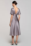 Grey A Line Satin Wedding Guest Dress with Flutter Sleeve
