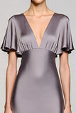 Grey A Line Satin Wedding Guest Dress with Flutter Sleeve