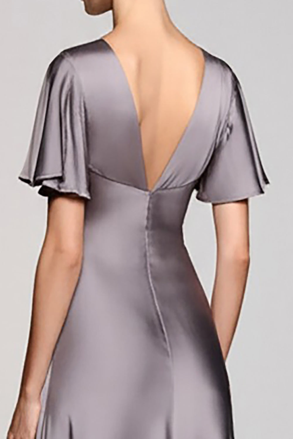 Grey A Line Satin Wedding Guest Dress with Flutter Sleeve