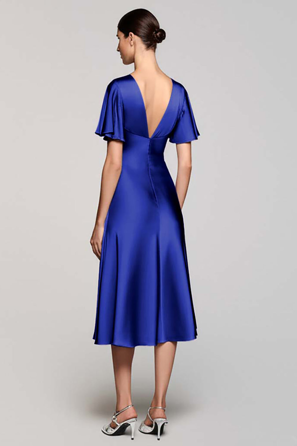 Grey A Line Satin Wedding Guest Dress with Flutter Sleeve