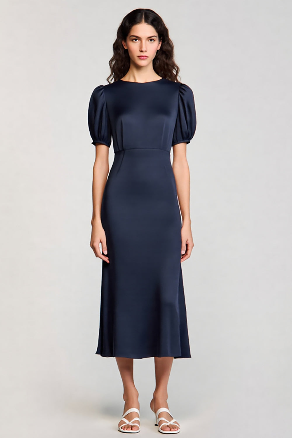 Navy Sheath Midi Formal Dress with Puff Sleeves