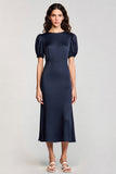 Navy Sheath Midi Formal Dress with Puff Sleeves