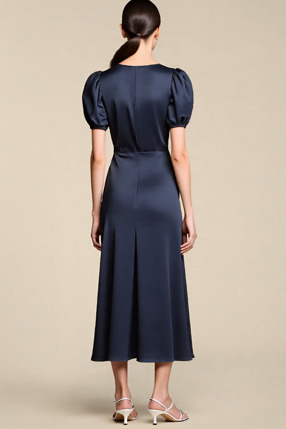 Navy Sheath Midi Formal Dress with Puff Sleeves