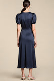 Navy Sheath Midi Formal Dress with Puff Sleeves