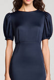 Navy Sheath Midi Formal Dress with Puff Sleeves