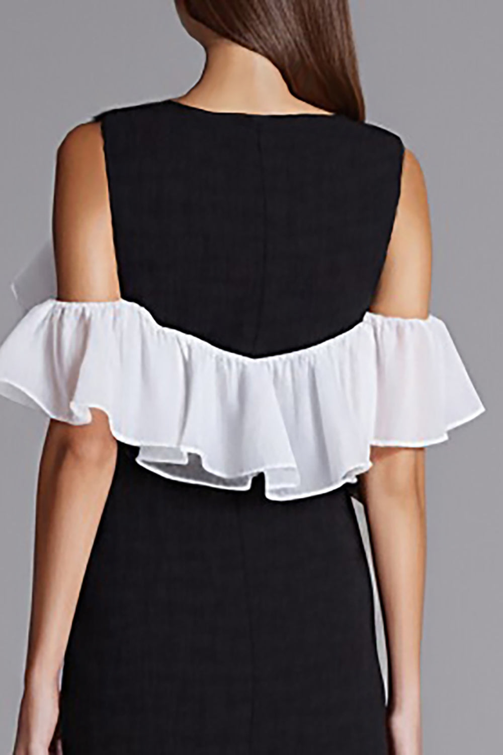 Ruffled Ivory and Black Sheath Formal Dress with Slit