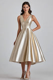 Metallic Champagne V-Neck A Line Formal Dress
