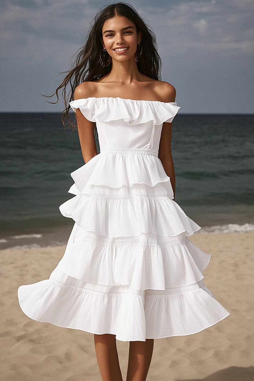 Off The Shoulder A Line Tiered Midi Graduation Dress