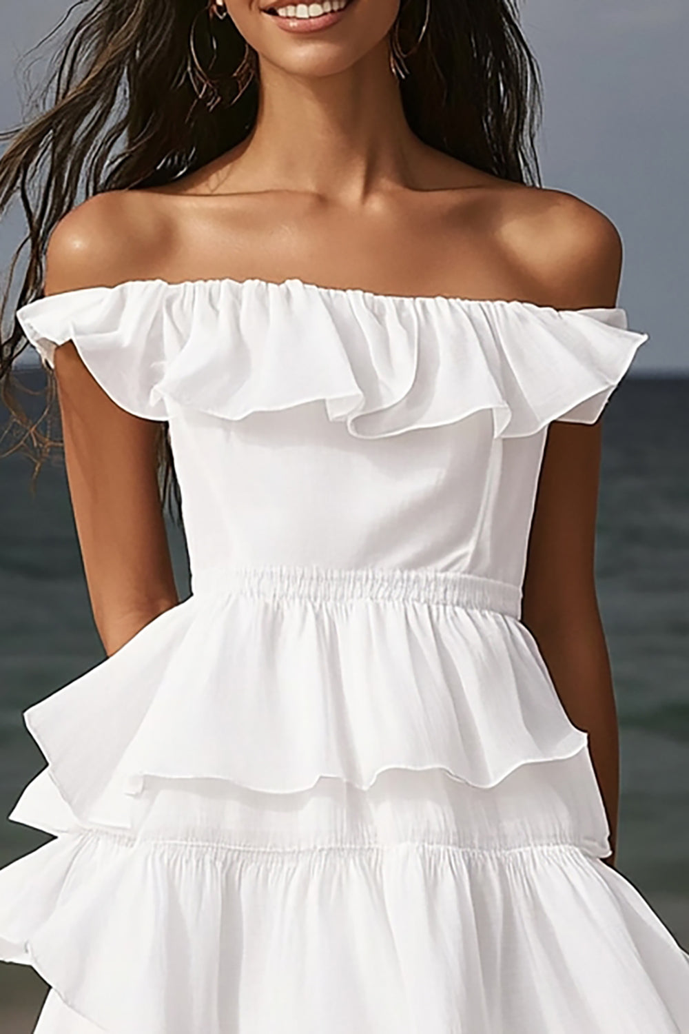 Off The Shoulder A Line Tiered Midi Graduation Dress