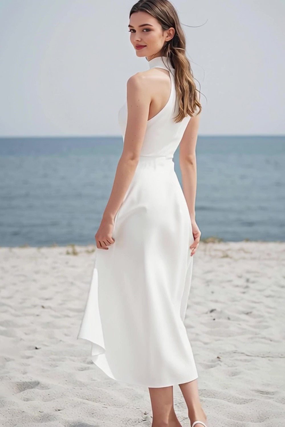 Simple Halter A Line Midi Ivory Graduation Dress