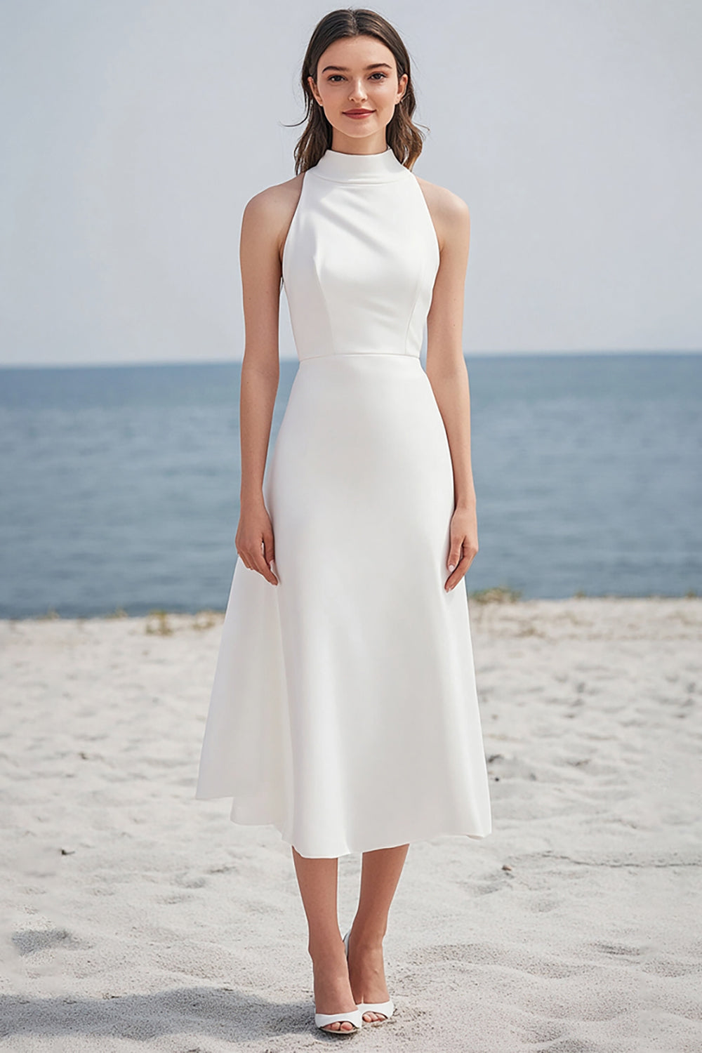 Simple Halter A Line Midi Ivory Graduation Dress