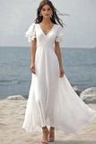 Ivory Ruffle Sleeve A Line Long Graduation Dress