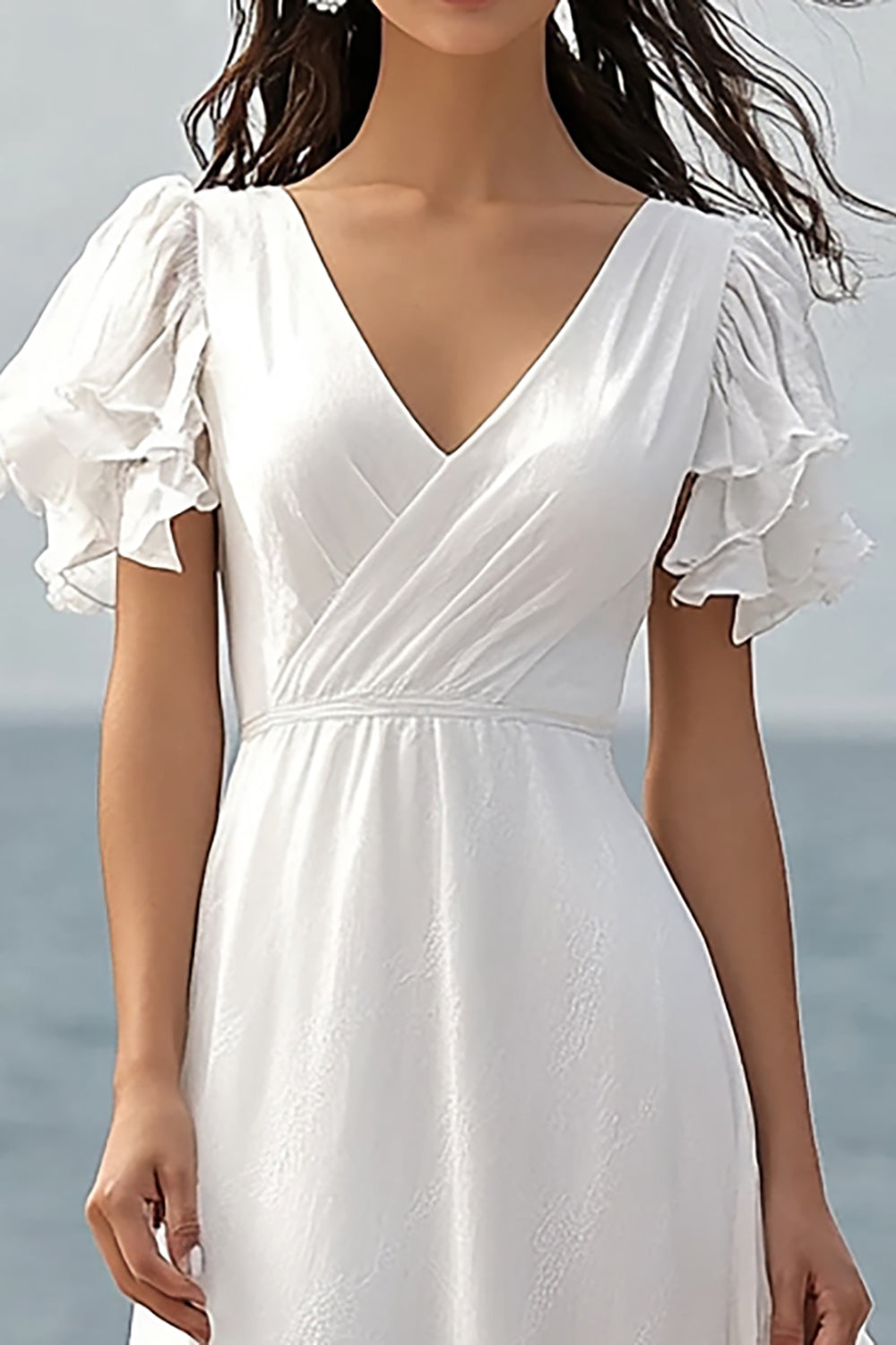 Ivory Ruffle Sleeve A Line Long Graduation Dress