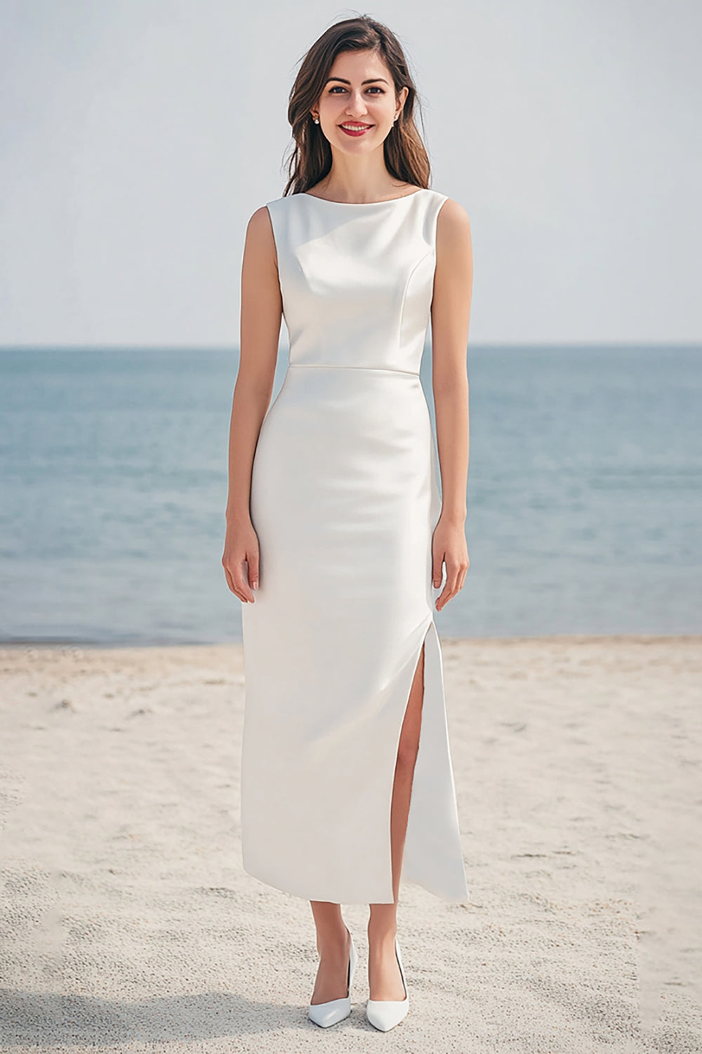 Ivory Sheath Round Neck Long Graduation Dress With Slit