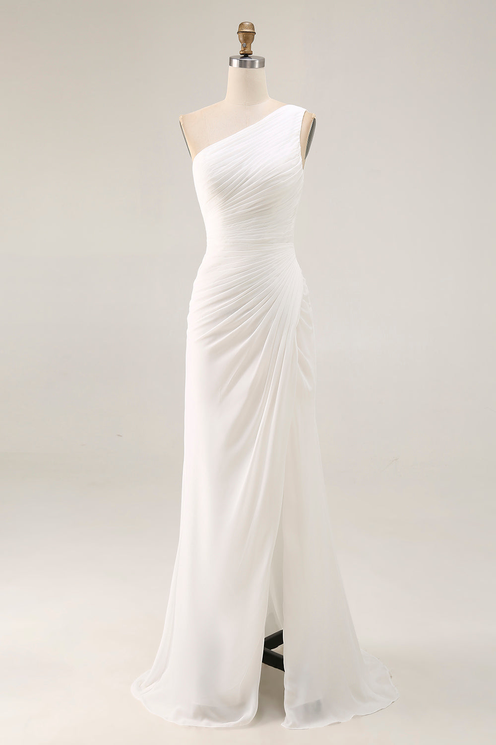 Ivory One Shoulder Ruched Maxi Dress with Slit