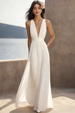 A Line Ivory V-Neck Long Engagement Dress