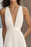 A Line Ivory V-Neck Long Engagement Dress
