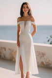 Off The Shoulder Ivory A Line Wedding Dress with Slit