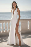 A Line Ivory V-Neck Long Engagement Dress with Slit