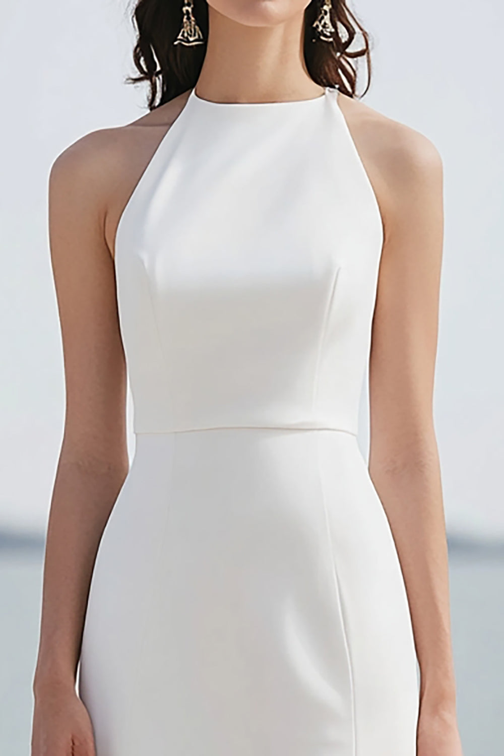 Ivory Round Neck Sheath Engagement Dress with Slit