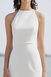 Ivory Round Neck Sheath Engagement Dress with Slit