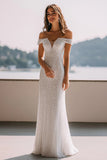Glitter Off The Shoulder Ivory A Line Wedding Dress
