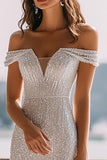 Glitter Off The Shoulder Ivory A Line Wedding Dress