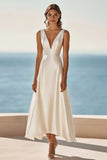 Ivory Satin V-Neck A Line Graduation Dress
