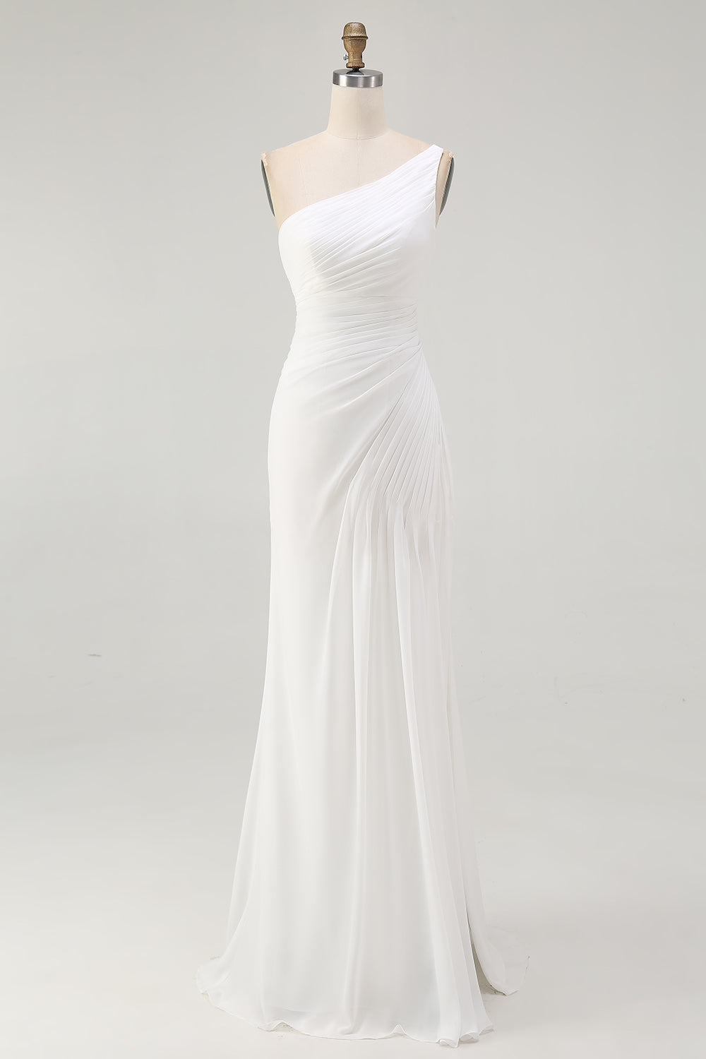 One Shoulder Ruched Ivory Engagement Dress with Slit