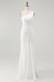 One Shoulder Ruched Ivory Engagement Dress with Slit