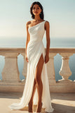 One Shoulder Ruched Ivory Engagement Dress with Slit