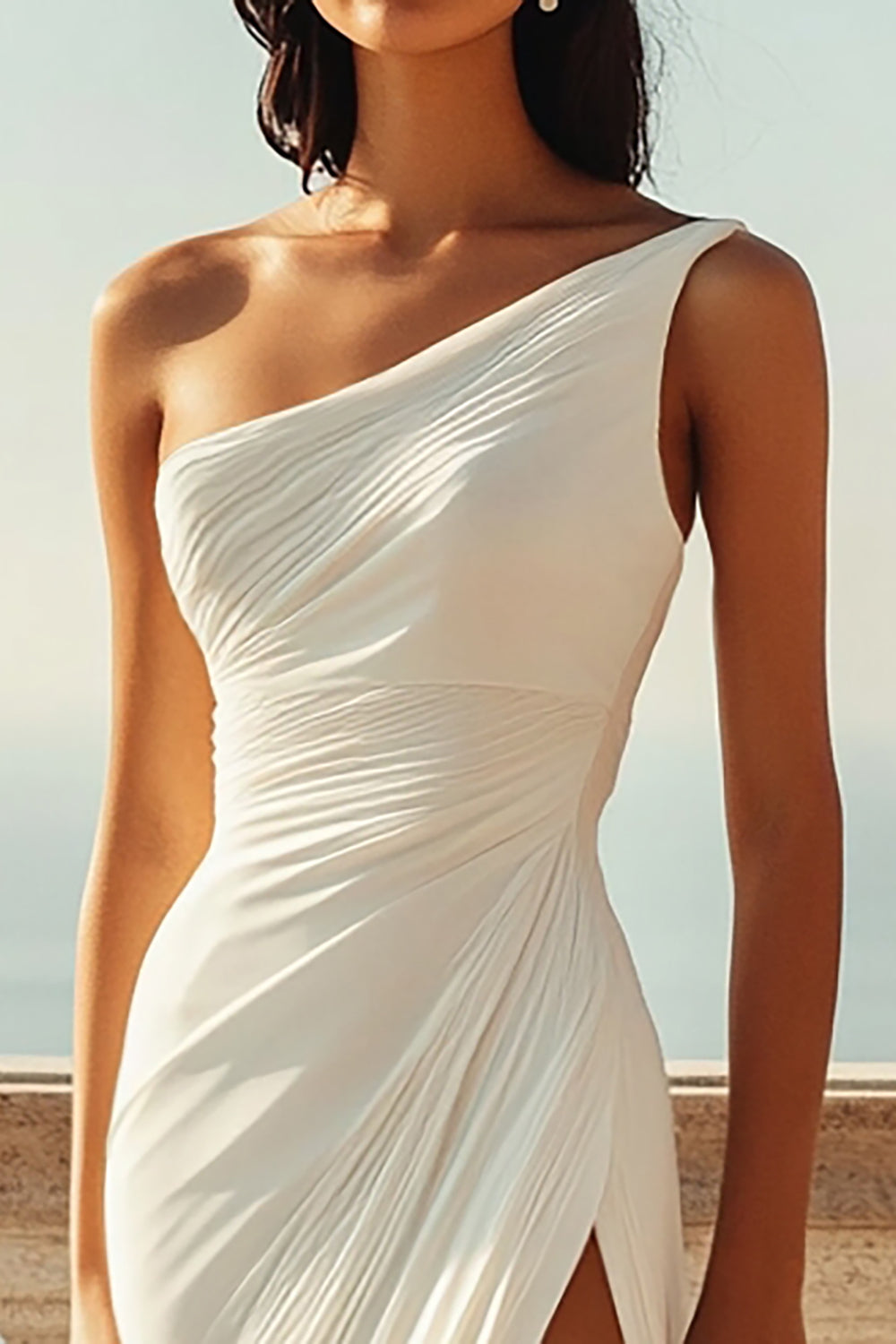 Ivory One Shoulder A Line Engagement Dress with Slit